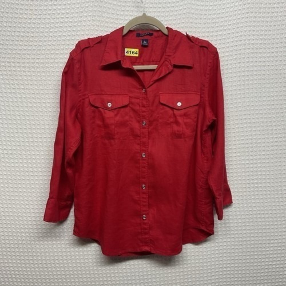 NWOT Chaps Red Button Up Long/Roll Tab Sleeve Shirt Women Large China 100% Linen